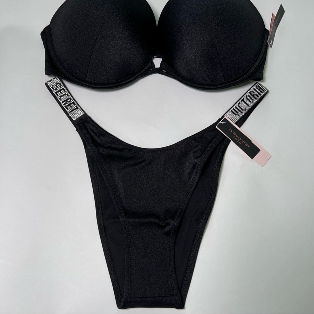 Victoria Secret 34A S Bombshell Push Up Top Bikini Set Shine Strap LOGO Black